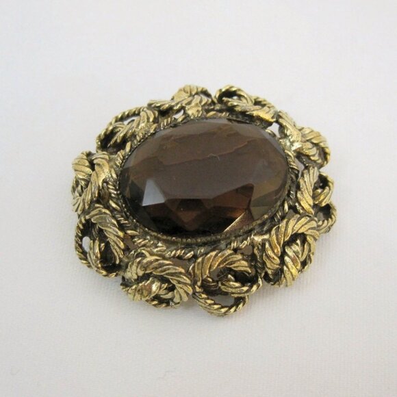 Vintage 60s 70s Brooch Original by Robert Brass Glass Smokey brown Pin Jewelry - Picture 5 of 5